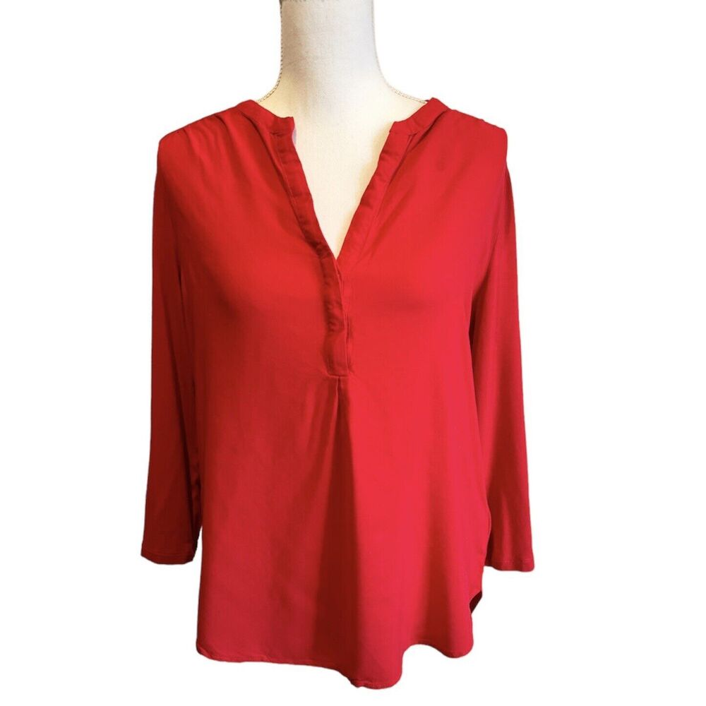 Pleione Women's M Red V-Neck 3/4 Sleeve Blouse Knit Top